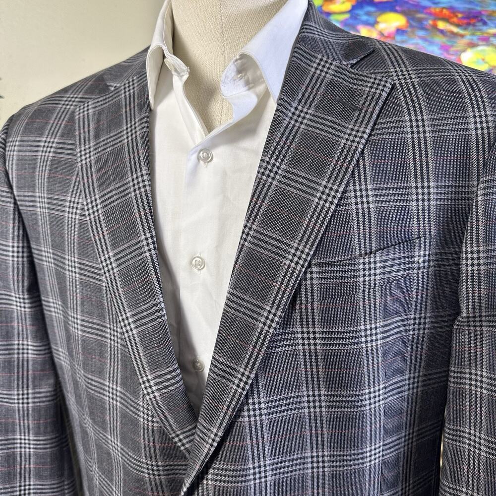 Paul Frederick 44L Plaid Black Ivory w Burgundy Stretch